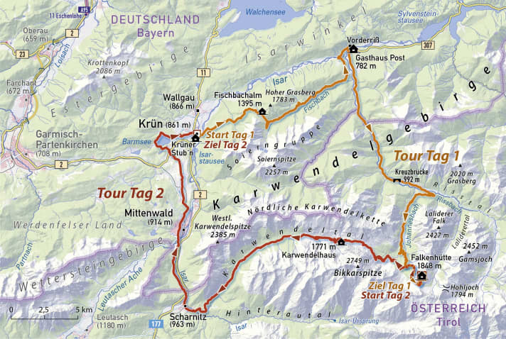 Achtung: Die Auffahrt durchs ursprümglich eingezeichnete Laliderertal ist mit dem Bike leider verboten (Naturpark). Der GPS-Track im Download führt jetzt ein Tal vorher zur Falkenhütte hinauf, nämlich über das Johannestal.