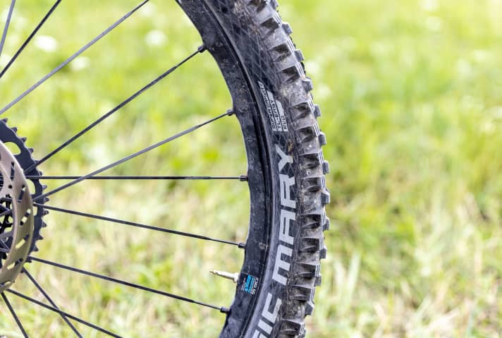 Dicke Walzen: Schwalbes Enduro-Kombi mit stabiler Super-Gravity-Karkasse und 2,6 Zoll breite bringt zwar Fahrsicherheit aber auch einige Pfunde. Unser Tipp: Auf Trailreifen in 2,4-Zoll-Reifen abrüsten und ein halbes Kilo einsparen.