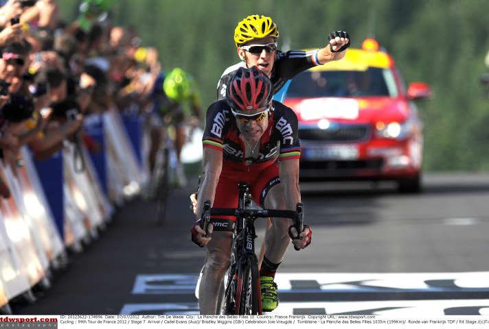   Bradley Wiggins celebrates taking the yellow jersey