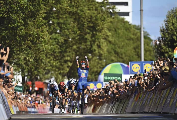 Completed: Mads Pedersen wins the final stage to Saarbrücken and is celebrated as the overall winner in the blue jersey.