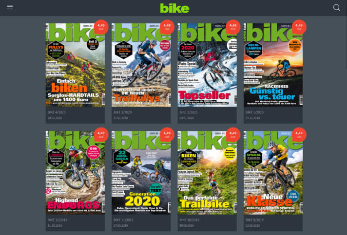   Eine BIKE Ausgabe verpasst? Kein Problem, für <a href="de/profiles/1669d931deeb/editions"  rel="noopener noreferrer">4,99 Euro kann man sowohl aktuelle, als auch alte Ausgaben einzeln</a>  digital lesen. 