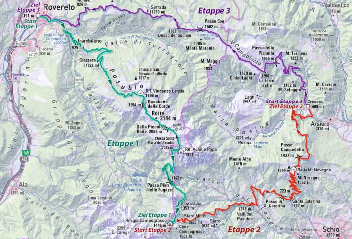 The three-day MTB tour on the Pasubio in the overview map