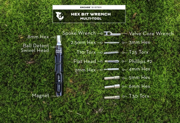   Klein, aber viel dran. Das Hex-Bit-Tool bringt die wichtigsten Werkzeuge für den kleinen Bike-Service on tour mit.