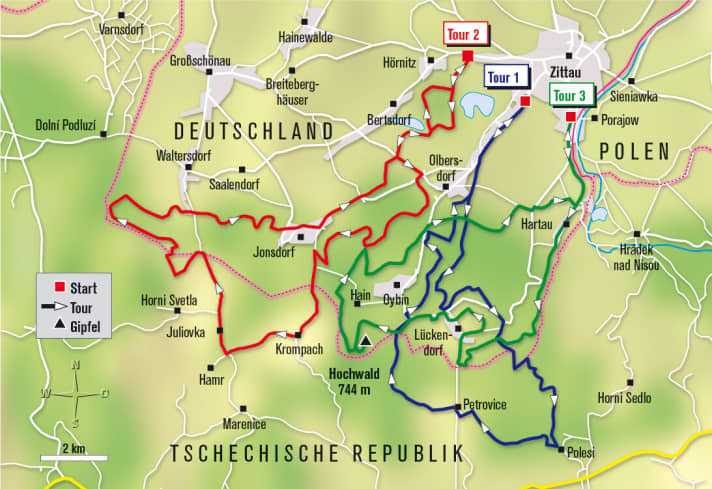 Three MTB tours in the Zittau Mountains occasionally cross the borders of Germany, Poland and the Czech Republic. Don't forget your passport.