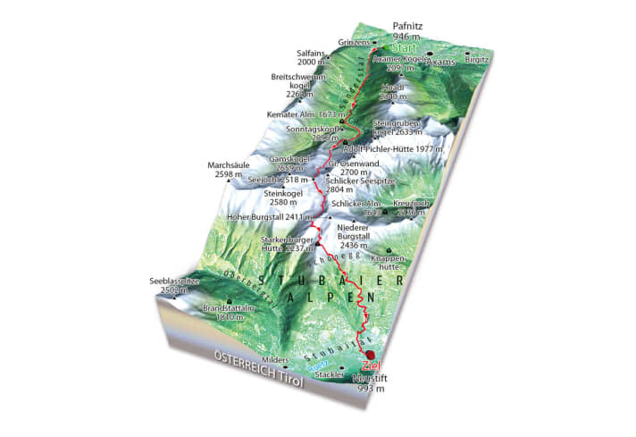   Der Seejöchl-Trail beginnt in Pafnitz bei Axams auf etwa 900 Meter.