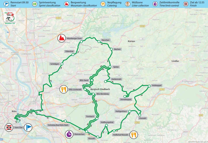 La boucle de gauche, de Cologne à Kleineichen en passant par la cathédrale d'Altenberg, est la même pour le Velodom 70 et 125. Le tour de 125 kilomètres continue sur la boucle de droite, plus petite.