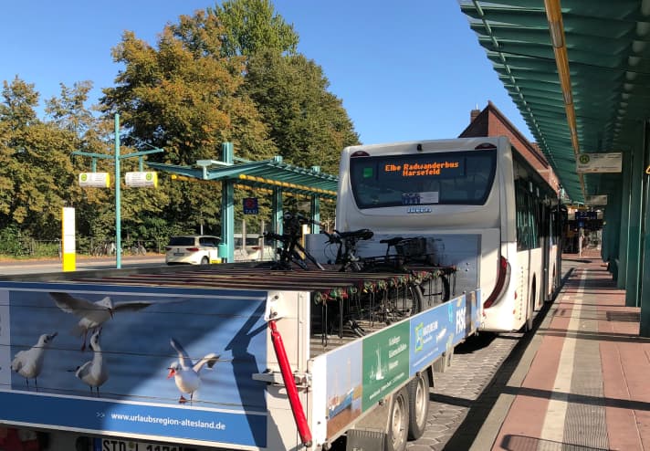 The Elbe cycle tour bus at the railway station in Stade
