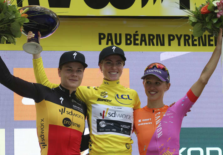 Demi Vollering (Siegerin/Mitte), Lotte Kopecky (links/Rang zwei) und Kasia Niewiadoma (rechts/Rang drei) bildeten das Podium der Tour de France Femmes 2023