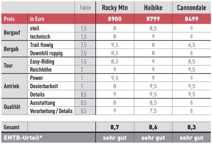 Rocky Mountain punktet bei den Fahrleistungen, vor allem bergab. Damit sichert sich das Bike aus Canada den Testsieg. Haibike gelingt mit dem All Mtn ein toller Kompromiss aus Komfort und Sportlichkeit. 