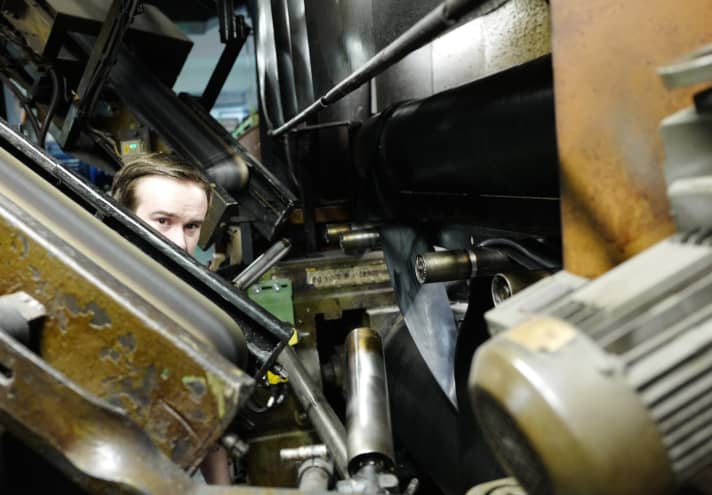  The calendering machine, which is the size of a detached house, cuts the rubber to the perfect thickness and weaves in the nylon threads at the same time, making the carcasses three times as strong as Coke cans, but leaving them as flexible as possible. It's hot. And loud. A huge spectacle.