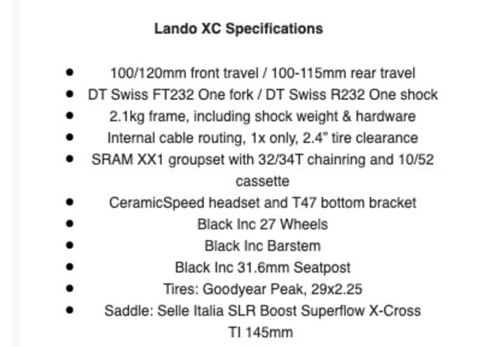   Factor Lando XC: Equipment at a glance