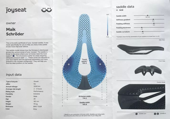 When ordering, you are asked to provide some information about your driving style and personal preferences such as driving time (left). Technical data on the final result is also printed on the data sheet supplied (right).