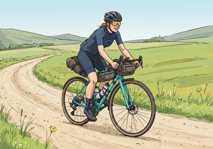 KI generiertes Bild einer Radfahrerin auf einem Gravel Bike mit Bikepacking-Taschen