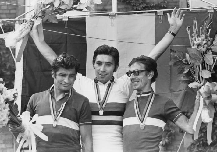 Großvater Mariano Martinez (r.) sicherte sich hinter Eddy Merckx (Mitte) und Raymond Poulidor (l.) Bronze bei der Straßen-WM 1978.