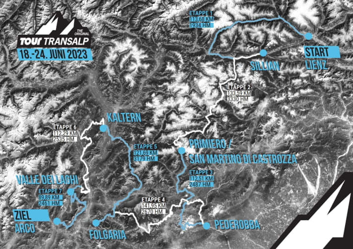 Die Strecke der TOUR Transalp 2023 von Lienz nach Arco in der Übersichtskarte.