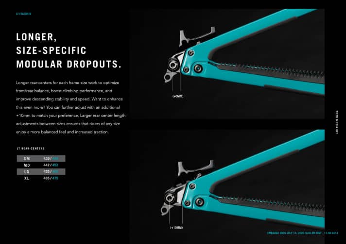 The chainstays increase in length as the frame size increases, but can still be adjusted by a further 10 millimetres.
