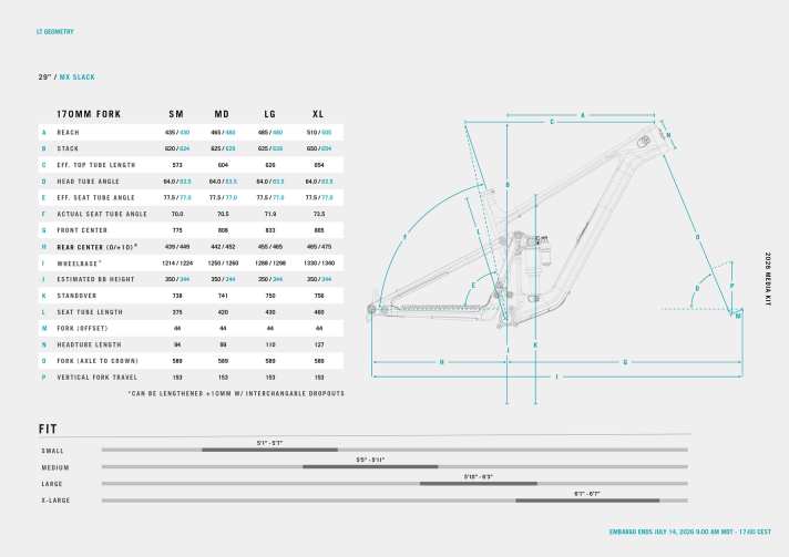 An overview of the frame sizes. There are four sizes to choose from. We rode the LT in size M, with a height of 1.78,