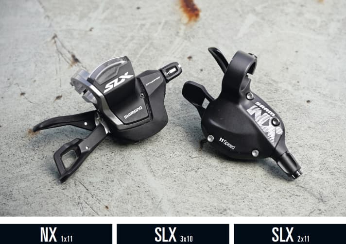   Drei preiswerte MTB-Schaltungen im Vergleich: Sram NX 1x11 – Shimano SLX 3x10 – Shimano SLX 2x11