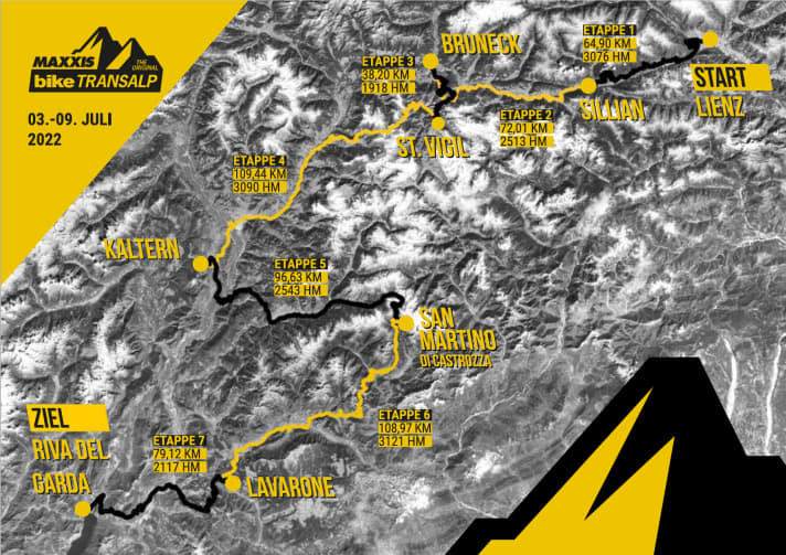The route of the BIKE Transalp 2022 in the overview map. Over a total of 566 kilometres, 18378 metres in altitude are in the way.