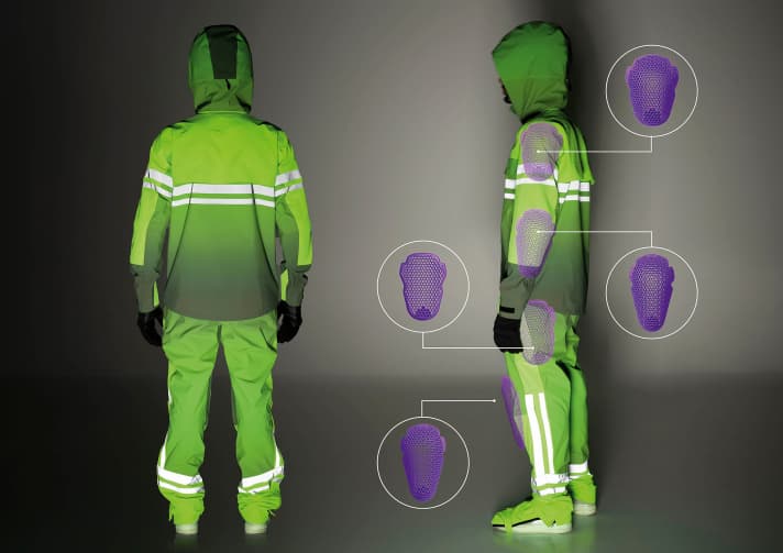 Knees, hips, elbows and shoulders are equipped with flexible and shock-absorbing protectors from Re Zero, which are designed to protect particularly sensitive areas of the body in the event of a fall.