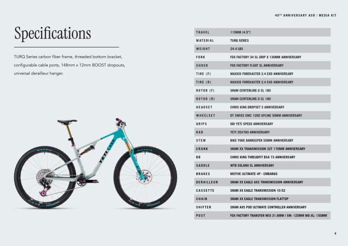 All equipment details of the limited Yeti ASR.