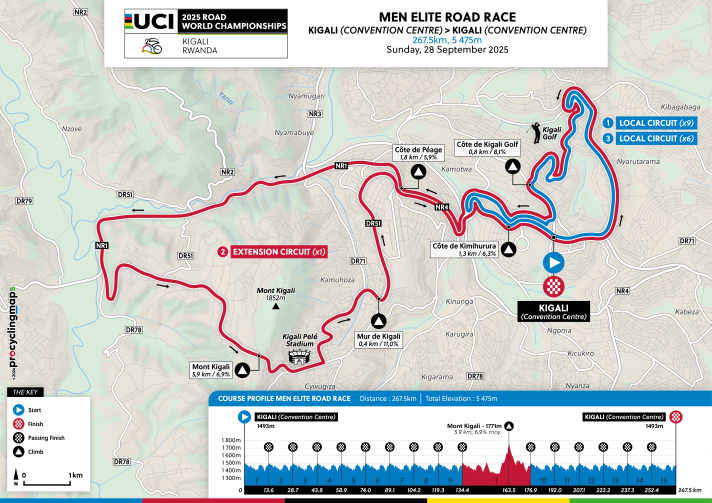 Le parcours de la course sur route élite hommes sur la carte