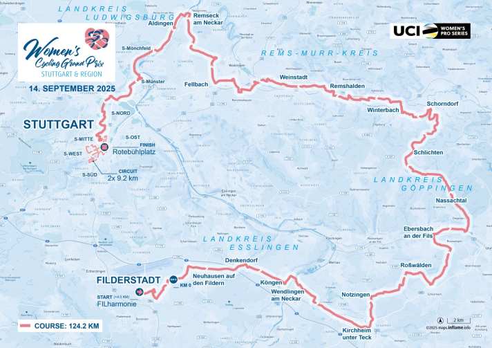Die Strecke des Women’s Cycling Grand Prix Stuttgart & Region 2025 auf der Karte