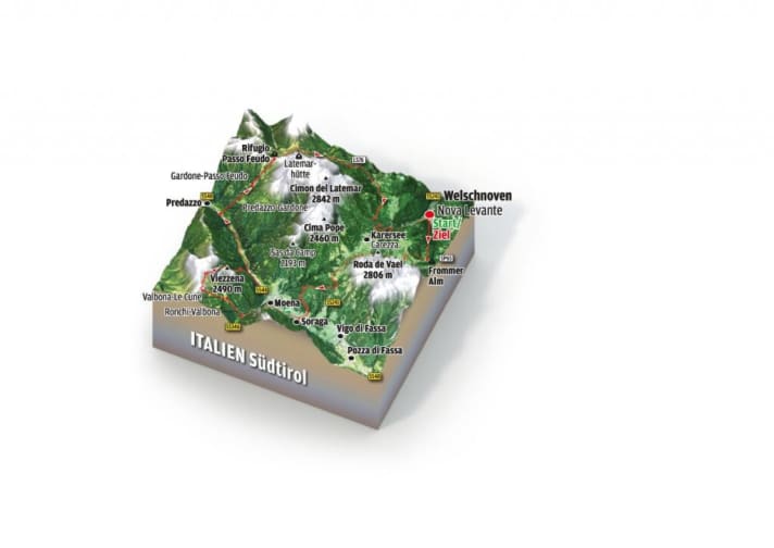  The overview map of the Latemar Supertrail in the Dolomites.