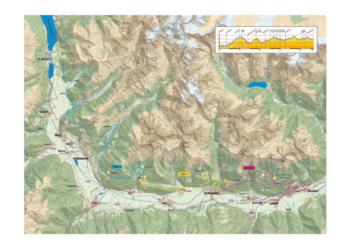   The route of the three-day Vinschgau-Cross in the overview map.
