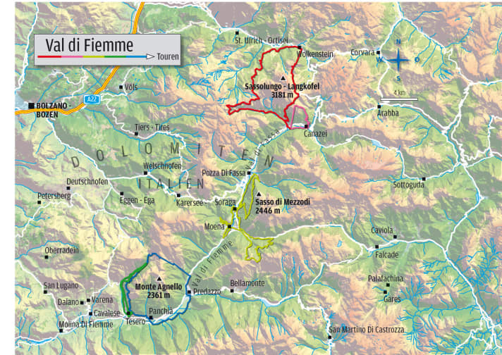   Die Mountainbike-Touren im Val di Fassa und Val di Fiemme in der Karte als Überblick.