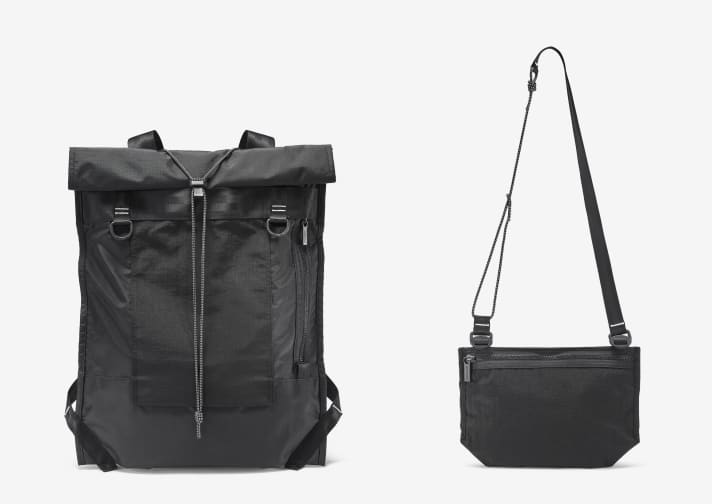 Der neue Fahrradrucksack Freitag Mono[PA6] mit der dazu passenden Musette-Tasche (rechts).