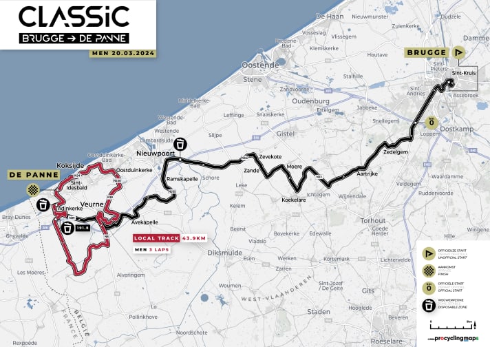 This is the route of the men's race in Bruges-de Panne. The women ride the same route, but one lap less on the final circuit.