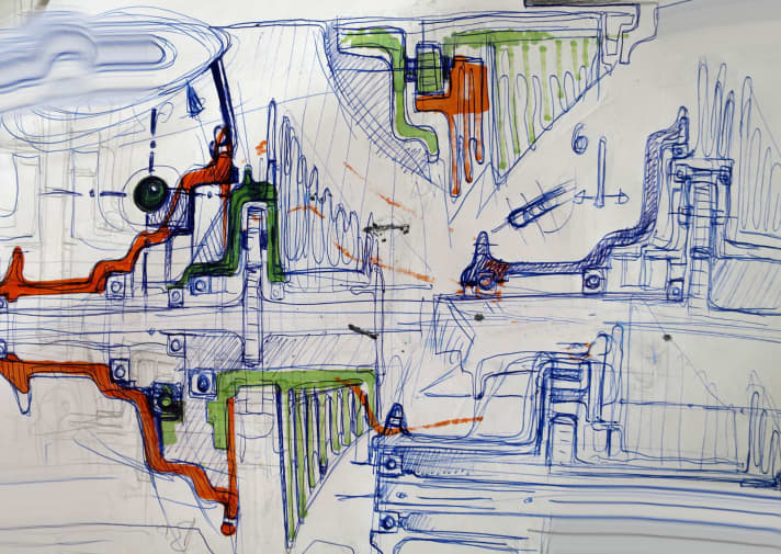   Kuli-Skizze: Gedanken zu den Innereien der 2-Gang-Nabe von Lutz Scheffer auf Papier gebracht.