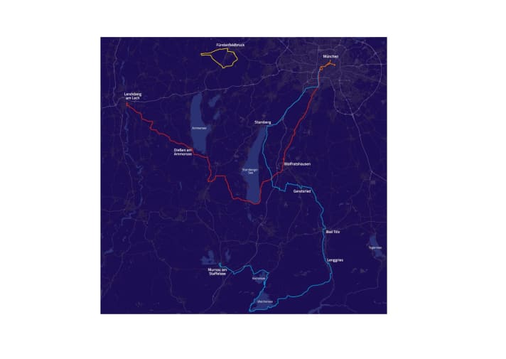 Aperçu de tous les parcours des épreuves sur route : Bleu=course sur route hommes, Rouge=course sur route femmes, Jaune=contre-la-montre femmes & hommes