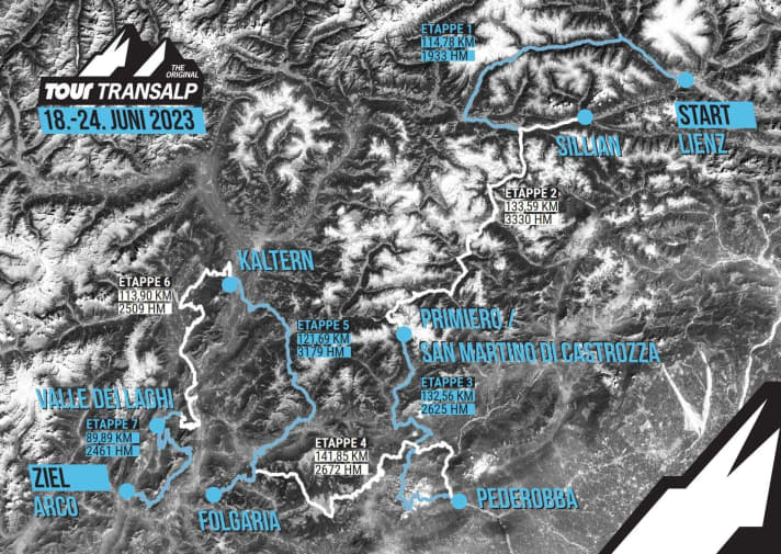 Die Strecke der TOUR Transalp 2023 in der Übersichtskarte