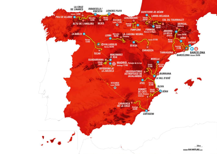 Die gesamte Strecke der Vuelta a Espana 2023 auf der Karte.