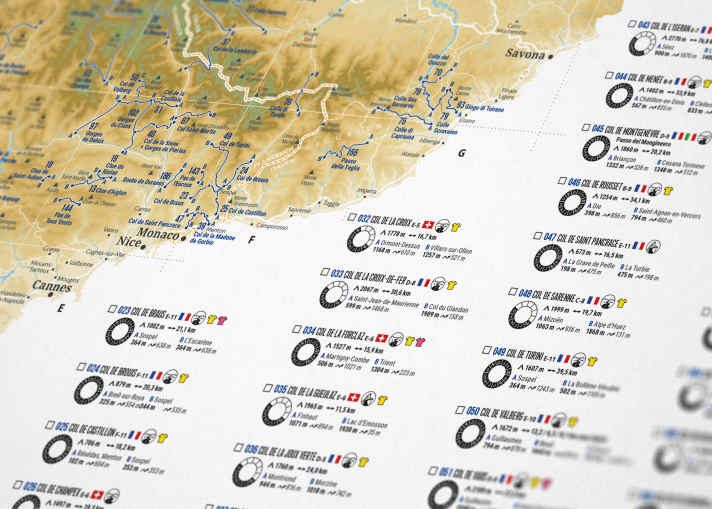 The new map from Marmota Verlag provides lots of information about the 222 Alpine passes at a glance.