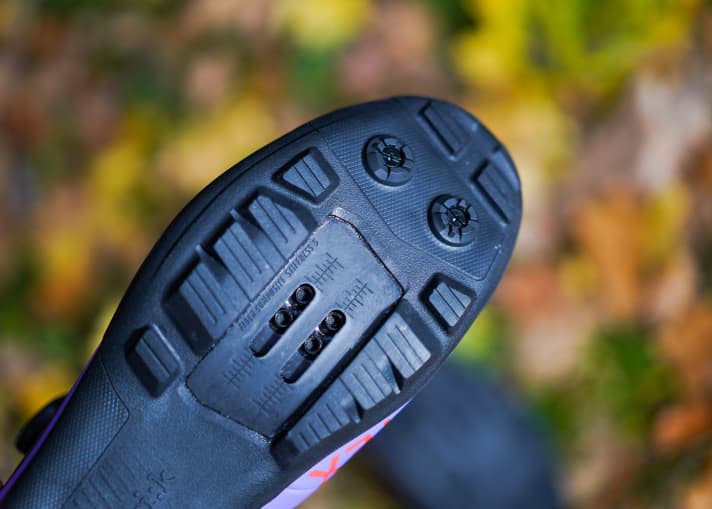 The X5 sole offers a good compromise between durability and grip. It is also nice and stiff. If you occasionally have to march through soggy, slippery terrain, you can screw in two studs for better grip.