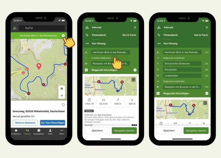 Services premium de Komoot : carte, cap et boussole