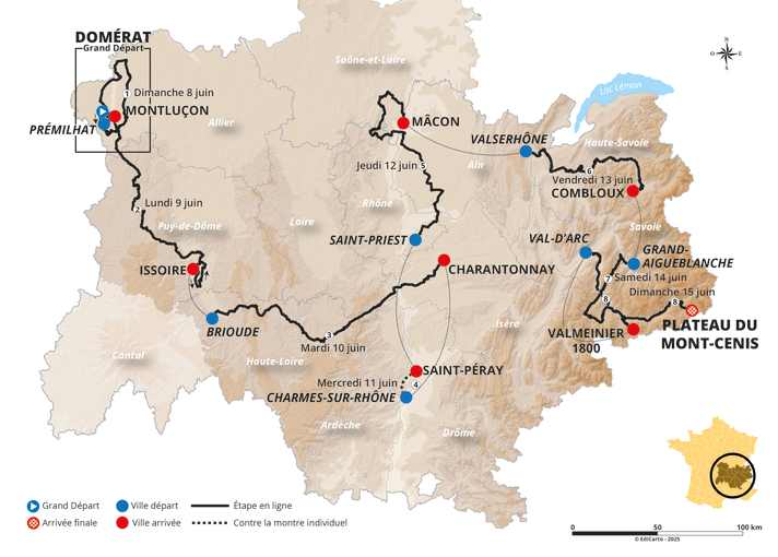 The route of the Critérium du Dauphiné 2025 on the map