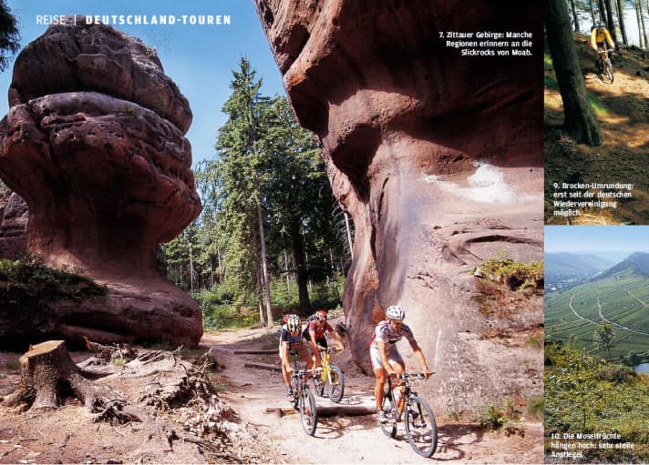   Drei der besten MTB-Singletrails in Deutschland: Im Zittauer Gebirge, am Brocken und an der Mosel.