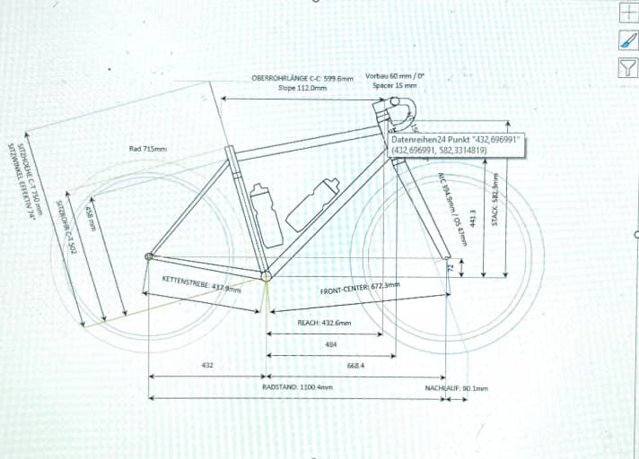 The measure of all things: The geometry was based on the Canyon Grail AL. Reto adapted the dimensions to the area of use and the preferences of our author. The picture shows the final proposal.