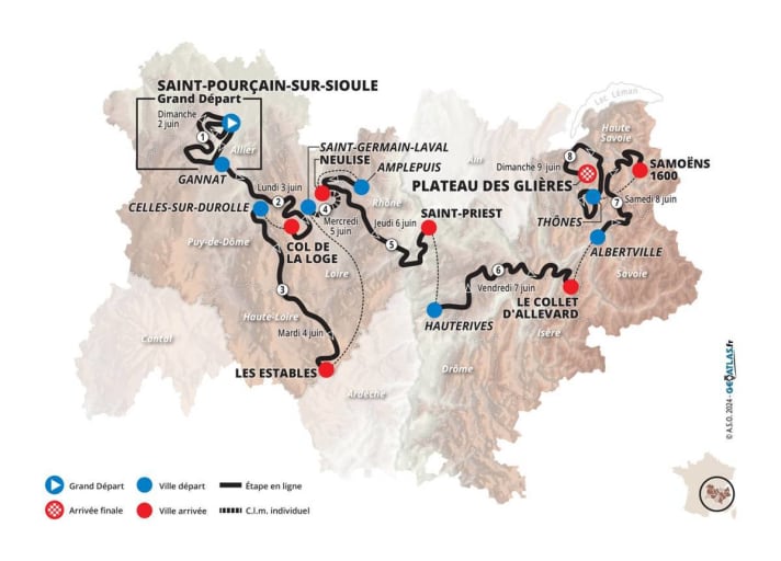 Der Streckenverlauf der Dauphine-Rundfahrt 2024