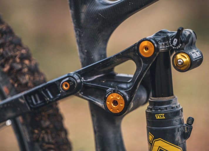 Nicht Ton-in-Ton: Die Lager-Schrauben von Hope sind goldiger als das Material von Öhlins.