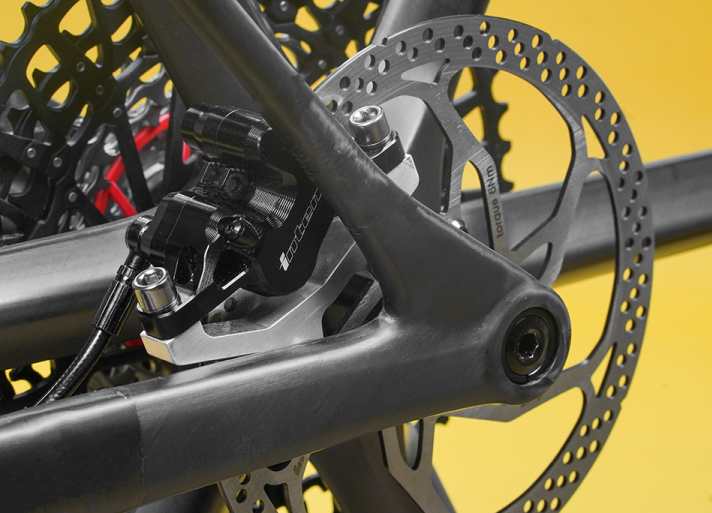 Der Carbon-Rahmen des Prototypen basiert auf einem Bike Ahead The Frame und bekam ein speziell laminiertes Ausfallende verpasst.