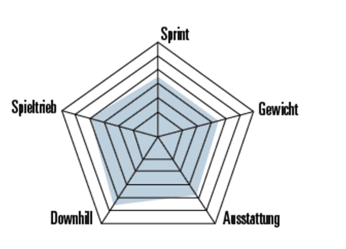 Bewertung Spinnendiagramm: Sprint, Spieltrieb, Downhill bezieht sich auf das Fahrverhalten: Je größer der Ausschlag, desto besser die Eignung. Ausstattung: setzt sich aus unterschiedlichen Punkten wie Qualität/Verarbeitung. Sprint: Einfluss von Gesamtgewicht und Laufradträgheit.