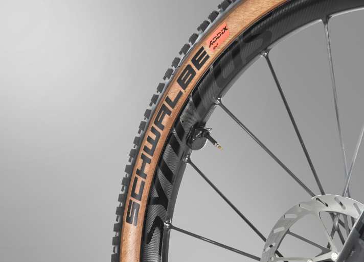 Light but thin-walled Schwalbe tyres and elegant, one-piece carbon wheels save a total of 1.3 kilos on the Lumen.