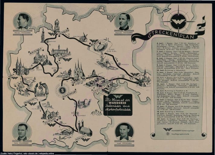 Werbefahrt: Das Faltblatt des Radherstellers Wanderer zeigt ­die Strecke der Deutschland-Tour 1937 und belegt, wie sich die Fahrradindustrie in das große Propaganda-Rennen der ­Nationalsozialisten einreihte.