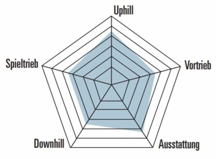 Das BIKE-Spinnendiagramm bescheinigt dem Scott Spark TR ein ausgewogenes Verhältnis von Stärken und Schwächen. Touren mag das Trailbike lieber als krasse Downhill-Action.