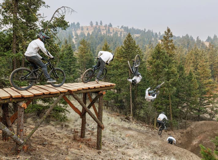 Foot on the ground, chin on chest: Tom van Steenbergen flips over the drop in a footplant front flip. Can be seen in "Wild West 2".